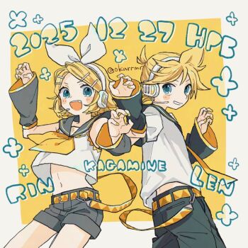1boy 1girl 2025 anniversary aqua_eyes belt belt_buckle blonde_hair blush_stickers bow brother_and_sister buckle claw_pose dated detached_sleeves grey_sailor_collar grey_shorts grey_sleeves grin hair_bow hair_ornament hairclip happy_birthday hashtag-only_commentary headphones headset kagamine_len kagamine_rin looking_at_viewer midriff mrokr navel neckerchief necktie open_mouth sailor_collar short_hair short_shorts shorts siblings sideways_glance smile swept_bangs teeth treble_clef twins upper_teeth_only vocaloid white_bow yellow_belt yellow_nails yellow_neckerchief yellow_necktie