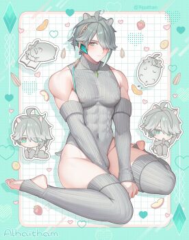 Rule 34 | 1boy, abs, alhaitham (genshin impact), alpaitham, animal ears, aqua eyes, bulge, chibi, closed mouth, commentary, feet, genshin impact, grey hair, grey leotard, grey sleeves, grey thighhighs, hair between eyes, hair over one eye, hamster boy, hamster ears, highres, leotard, male focus, multicolored hair, muscular, muscular male, ribbed leotard, short hair, solo, streaked hair, symbol-only commentary, thighhighs, toes