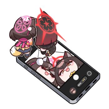 2girls :d animal_ears blue_archive brown_hair cellphone closed_eyes commentary_request figures_taking_selfie_(meme) fox_ears fox_girl fox_tail gradient_hair hair_ornament halo highres izuna_(blue_archive) korean_commentary meme mini_person minigirl multicolored_hair multiple_girls open_mouth phone pom_pom_(clothes) pom_pom_hair_ornament ppodol0905 red_hair selfie simple_background smartphone smile tail taking_picture wakamo_(blue_archive) white_background yellow_eyes