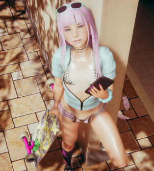 1girl 3d aqua_eyes braces breasts cellphone condom converse hdregrets lips original phone purple_hair shoes short_shorts shorts small_breasts smartphone tagme thighs used_condom