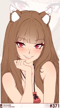 1girl absurdres animal_ear_fluff animal_ears artist_name blunt_bangs blush brown_hair commentary english_commentary fang grin highres holo likunea long_hair looking_at_viewer neck_pouch nude parted_lips patreon_logo patreon_username pouch red_eyes revision sidelocks smile solo spice_and_wolf twitter_username twitter_x_logo upper_body wolf_ears wolf_girl zoom_layer