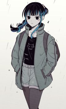 1girl black_hair black_shirt blue_hair blunt_bangs colored_inner_hair commentary expressionless eyeliner fate/grand_order fate_(series) green_jacket hands_in_pockets jacket jewelry long_hair long_sleeves makeup multicolored_hair oruko_(kurobota) ponytail rain shirt sidelocks solo tenochtitlan_(fate) tenochtitlan_(second_ascension)_(fate)