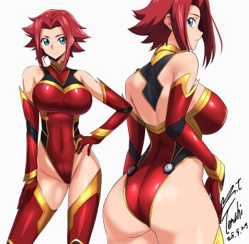 1girl artist_name ass bare_shoulders blue_eyes breasts code_geass curvy dated elbow_gloves gloves hand_on_own_hip highleg highleg_leotard highres kouzuki_kallen large_breasts leotard medium_hair multiple_views parted_bangs pilot red_hair revealing_clothes shiny_clothes shiny_skin simple_background thong_leotard white_background wide_hips yoo_tenchi