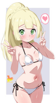 1girl absurdres bikini blonde_hair breasts closed_mouth collarbone cowboy_shot double_v green_eyes heart high_ponytail highres lillie_(pokemon) looking_at_viewer metaminegl micro_bikini navel nintendo pokemon pokemon_sm ponytail small_breasts solo spoken_heart stomach swimsuit v white_bikini