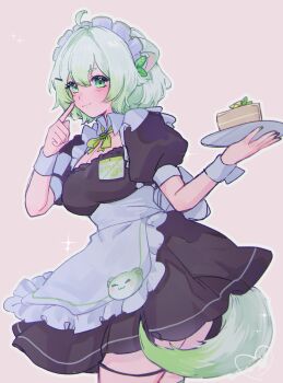 absurdres ahoge alternate_costume animal_ears apron bob_cut breasts cake cake_slice cleavage commentary dress english_commentary ferret_ears ferret_girl ferret_tail food frills gradient_hair gradient_tail green_eyes green_hair green_nails green_tail highres holding holding_plate kokomi_(aniesuakkaman) laimu_(vtuber) large_breasts limon_(laimu) maid maid_apron maid_headdress multicolored_hair multicolored_tail name_tag official_alternate_costume plate pointing pointing_at_self puffy_short_sleeves puffy_sleeves short_sleeves tail thigh_strap thighs two-tone_hair two-tone_tail vinesauce virtual_youtuber white_hair white_tail