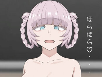 1girl blue_eyes braid breasts chalkboard classroom collarbone fang grey_hair hair_rings heart large_breasts looking_at_viewer nanakusa_nazuna_(yofukashi_no_uta) nude open_mouth poa_mellhen spoken_heart standing twin_braids upper_body yofukashi_no_uta