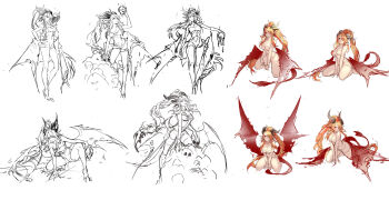 1girl absurdly_long_hair bare_legs barefoot black_horns breasts claws cleavage commentary commentary_request concept_art dragon_girl dragon_horns dragon_tail dragon_wings english_commentary ezu_(leejiyu) full_body gem hand_on_own_hip hands_on_ground headpiece heterochromia high_ponytail highres holding holding_skull horns king&#039;s_raid kneeling korean_commentary large_breasts long_hair long_sidelocks mixed-language_commentary multiple_views nude official_alternate_costume official_art orange_hair pointy_ears ponytail red_eyes red_scales red_tail red_wings sidelocks sitting skull smile strapless tail torn_wings tube_top very_long_hair wariza wings yanne_(king&#039;s_raid) yellow_eyes