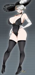 Rule 34 | 1girl, blue eyes, breasts, choker, cleavage, cogita (pokemon), creatures (company), curvy, elbow gloves, female focus, full body, game freak, gloves, hair over one eye, hand on own hip, hat, high heels, highres, huge breasts, leotard, looking at viewer, mature female, medium hair, nintendo, pokemon, pokemon legends: arceus, r3dfive, skindentation, solo, sun hat, thick thighs, thighhighs, thighs, white hair, wide hips