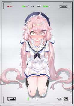 1girl absurdres ace_taffy ahoge arms_behind_back black_socks blue_hat blush bound bound_arms commentary_request crying dress execution full_body gauze_on_knee grey_background hair_ornament hair_ribbon hairclip hat highres indie_virtual_youtuber large_variant_set long_hair open_mouth pink_hair recording ribbon seiza shirt simple_background sitting socks solo streaming_tears tears twintails variant_set very_long_hair viewfinder white_dress white_shirt wide-eyed x_hair_ornament xiaomu314 yellow_eyes