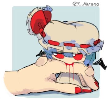 1girl 1other 7-mirano bat_wings biting biting_finger blood blue_hair commentary english_commentary fumo_(doll) hair_between_eyes hat hat_ribbon major_injury_underreaction mob_cap pink_hat pink_skirt red_eyes red_nails red_ribbon remilia_scarlet ribbon short_hair skirt solo_focus touhou twitter_username vampire wings