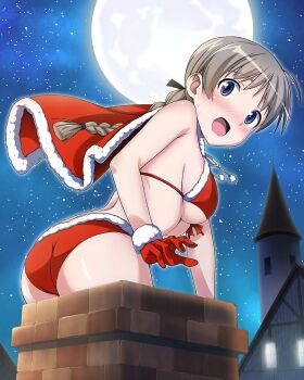 1girl alternate_costume artist_request ass back bikini blue_eyes blush braid breasts brown_hair capelet chimney christmas embarrassed full_moon gloves hat large_breasts long_hair looking_at_viewer looking_back lynette_bishop moon night non-web_source official_art open_mouth outdoors red_bikini red_capelet red_gloves santa_bikini santa_costume santa_hat single_braid solo standing star_(sky) strike_witches swimsuit world_witches_series