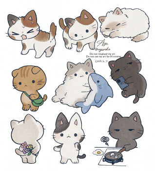 Rule 34 | > <, animal, animal focus, ayu (mog), bag, black cat, calico (pattern), calico cat, cat, cellphone, closed eyes, commentary request, dated, egg (food), flower, food, frying pan, hat, highres, holding, holding flower, no humans, open mouth, original, phone, signature, simple background, smartphone, solid circle eyes, stuffed animal, stuffed shark, stuffed toy, twitter username, watermark, whiskers, white background, white hat