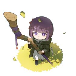 Rule 34 | 1girl, aged down, artist name, artofmiin, black coat, blunt bangs, bow, coat, commentary, dress, fern (sousou no frieren), from above, full body, grass, hair bow, looking at viewer, mage staff, purple eyes, purple hair, red bow, short hair, solo, sousou no frieren, staff, standing, symbol-only commentary, twitter username, white background, white dress