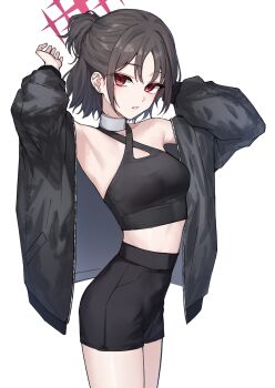 1girl absurdres aoi_riko armpits arms_up bandaged_neck bandages bare_shoulders black_hair black_jacket blue_archive commentary_request criss-cross_halter ear_piercing halterneck highres jacket looking_at_viewer misaki_(blue_archive) misaki_(zozotown)_(blue_archive) piercing ponytail red_eyes short_hair short_ponytail shorts zozotown