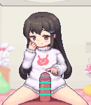 1boy 1girl age_difference animated animated_gif baigao-ji_(baigao) bar_censor blush brown_eyes brown_hair censored cum cum_in_pussy cum_overflow flat_chest girl_on_top hair_ornament hand_on_another&#039;s_head hetero indoors leaning_forward loli long_hair looking_at_viewer nipples nude open_mouth penis pixel_art pov pov_crotch pov_hands pussy saliva sb_(coco1) sex smile solo_focus spread_legs torso_grab undressing vaginal