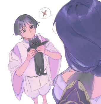 1boy 1girl animal black_cat black_eyes black_hair black_shrug blunt_ends breasts cat choppy_bangs cleavage clothing_cutout eyeliner eyeshadow from_above genshin_impact googly_eyes hands_up height_difference highres holding holding_animal holding_cat japanese_clothes kariginu kimono long_hair looking_at_another makeup mimochs mother_and_son pants pelvic_curtain pink_kimono pink_sleeves pleading_eyes purple_hair purple_kimono raiden_shogun red_eyeliner red_eyeshadow scaramouche_(genshin_impact) scaramouche_(kabukimono)_(genshin_impact) shoulder_cutout shrug_(clothing) single_sode spoken_x white_background white_pants white_sleeves wide_sleeves