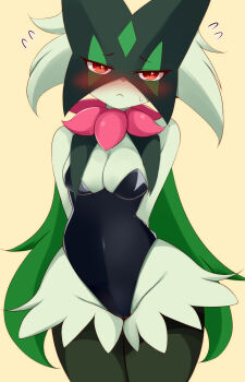 Rule 34 | 1girl, alternate breast size (larger), animal nose, arms behind back, ayatori (aytr), black leotard, blush, body fur, breasts, cameltoe, cape, cat girl, cleavage, closed mouth, covered navel, cowboy shot, embarrassed, eye mask, eyebrows visible through mask, eyelashes, female focus, furry, furry female, green cape, green fur, legs together, leotard, looking at viewer, mask, medium breasts, meowscarada, nervous, nintendo, pokemon, pokemon (creature), red eyes, simple background, solo, standing, straight-on, strapless, strapless leotard, two-sided cape, two-sided fabric, variant set, yellow background