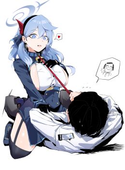 1boy 1girl absurdres ako_(blue_archive) assertive_female bell black_gloves black_hair blue_archive blue_eyes blue_hair blue_jacket breasts cowbell doodle_sensei_(blue_archive) garter_straps girl_on_top gloves half_gloves halo highres image_sample jacket large_breasts leash lying medium_hair on_back on_ground open_clothes open_jacket open_mouth plentyofempty sensei_(blue_archive) shirt short_hair sideboob sidelocks simple_background sitting sitting_on_person thighhighs twitter_sample white_background white_shirt