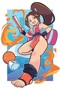 1girl ass bare_shoulders blush breasts brown_eyes brown_hair cleavage commentary english_commentary feet folding_fan hand_fan high_ponytail highres holding holding_fan iraimu japanese_clothes large_breasts long_hair looking_at_viewer ninja pelvic_curtain ponytail revealing_clothes shiranui_mai smile snk solo thighs toenails toes