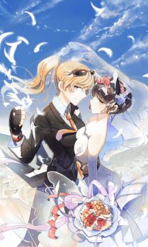 2girls black_hair black_vs_white blake_belladonna blonde_hair blue_sky bridal_veil bride cloud cloudy_sky day dress emo_(ricemo) eyewear_on_head female_focus fingerless_gloves fist_pump flower formal_clothes gloves hair_flower hair_ornament jacket multiple_girls necktie ponytail rwby sky smile strapless strapless_dress suit suit_jacket sunglasses veil wedding wedding_dress wife_and_wife yang_xiao_long yuri