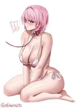 1girl artist_name bare_shoulders barefoot bikini blush breasts collar collarbone ebifurya giuseppe_garibaldi_(kancolle) hair_between_eyes highres kantai_collection large_breasts leash looking_at_viewer medium_hair micro_bikini multicolored_hair one-hour_drawing_challenge pink_hair red_hair side-tie_bikini_bottom simple_background sitting skindentation solo spoken_blush strap_gap streaked_hair string_bikini swimsuit thighs twitter_username underboob v_arms white_background white_bikini