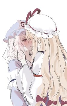 Rule 34 | 2girls, blonde hair, blue hat, blue kimono, blush, bow, commentary request, dress, frilled kimono, frills, hair bow, hat, highres, imminent kiss, japanese clothes, kimono, long hair, long sleeves, mob cap, multiple girls, onigiri 222x714, open mouth, pink eyes, pink hair, purple tabard, red bow, red ribbon, ribbon, saigyouji yuyuko, short hair, simple background, sleeve garter, smile, tabard, touhou, triangular headpiece, very long hair, white background, white dress, white hat, wide sleeves, yakumo yukari, yuri