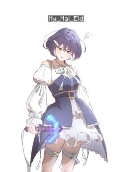 1girl azabu_mai bare_shoulders blue_bow blue_bowtie blue_eyes blue_ribbon bow bowtie center_frills commentary_request detached_sleeves frilled_skirt frills highres ikizulive!_love_live!_bluebird juliet_sleeves long_sleeves looking_at_viewer love_live! minecraft minecraft_pickaxe miniskirt neck_ribbon parted_lips pickaxe puffy_sleeves purple_hair ribbon sena_l0 shirt short_hair skirt sleeveless sleeveless_shirt solo squiggle thigh_strap white_shirt white_skirt