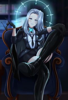 1girl blue_eyes commentary english_commentary highres jest_silvercrown looking_at_viewer monarch_(amalee) monarch_(mafia)_(amalee) virtual_youtuber vshojo white_hair