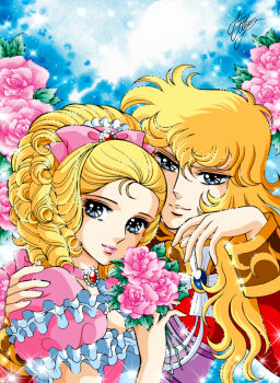 2girls absurdres androgynous artist_name blonde_hair blue_eyes bouquet bow choker drill_hair flower frills gem hair_bow hair_ribbon hand_on_another&#039;s_shoulder high_ponytail highres holding marco_albiero marie_antoinette_(versailles_no_bara) multiple_girls official_style oscar_francois_de_jarjayes pink_flower pink_lips pink_rose ponytail puffy_short_sleeves puffy_sleeves ribbon rose short_sleeves signature sparkle versailles_no_bara