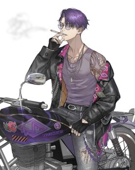 1boy absurdres alternate_costume belt belt_buckle black_belt black_gloves black_pants buckle chain cigarette clothing_cutout collarbone corbeau_(pokemon) denim dog_tags feet_out_of_frame fingerless_gloves gen_5_pokemon glove_cutout gloves haze_(ha_ze) highres holding holding_cigarette jacket jeans jewelry lapels leather leather_jacket looking_at_viewer male_focus motor_vehicle motorcycle multiple_necklaces necklace nintendo notched_lapels on_motorcycle open_clothes open_jacket pants parted_hair parted_lips pokemon pokemon_(creature) pokemon_legends:_z-a purple_hair purple_shirt round_eyewear shirt sitting sleeveless sleeveless_shirt smoke smoking solo sticker sunglasses tank_top tattoo venipede