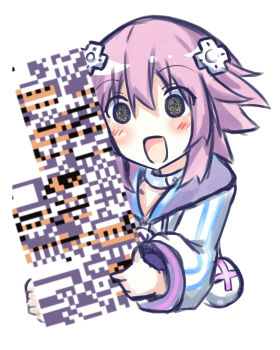 1girl :d absurdres bimmy blush collar commentary crossover d-pad d-pad_hair_ornament english_commentary female_focus hair_between_eyes hair_ornament highres holding hood hoodie long_sleeves medium_hair missingno. neptune_(neptunia) neptune_(series) nintendo open_mouth pokemon pokemon_rgby purple_hair sidelocks simple_background smile solo static static_eyes white_background white_hoodie