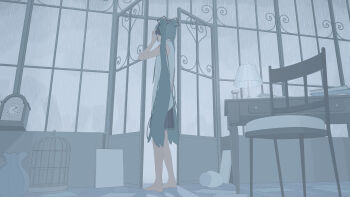 1girl absurdres analog_clock aqua_eyes barefoot black_skirt book chair clock commentary_request day from_side full_body grey_shirt hand_up hatsune_miku headphones highres indoors lamp long_hair ma_(mamamauuuuu) pile_of_books pleated_skirt rain shirt skirt sleeveless sleeveless_shirt solo standing straight_hair table timestamp twintails vase very_long_hair vocaloid