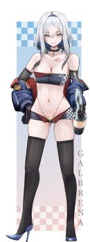 1girl absurdres alternate_costume bare_shoulders bikini bikini_bottom_only black_gloves black_thighhighs black_tube_top blue_hair blue_jacket blue_shoes bottle breasts character_name chest_tattoo cleavage closed_mouth clothes_down collarbone colored_inner_hair commentary cyk_(cyk451) earrings elbow_gloves galbrena_(wuthering_waves) gloves gold_bikini grey_hair hair_between_eyes hair_intakes hand_on_own_hip high_heels highleg highleg_bikini highres holding holding_bottle hoop_earrings jacket jewelry looking_at_viewer medium_breasts medium_hair micro_shorts multicolored_hair navel open_fly purple_eyes race_queen shoes shorts smile solo stomach strapless sweat swimsuit tattoo thighhighs thighs tube_top wuthering_waves