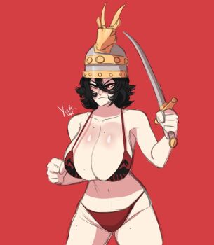 1girl albania albania_(yuric_inc) bikini breasts cleavage country_inc_(yuric_inc) flag_print_bikini flag_print hair_between_eyes helmet mole mole_on_breast red_background red_bikini red_eyes short_hair solo solo_focus swimsuit sword weapon yuric_inc