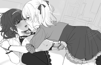 2boys anal bar_censor blunt_bangs bookshelf bra bra_pull censored clothes_pull collarbone collared_shirt commentary cowboy_shot crossdressing crossdressing_(mtf) dutch_angle erection from_side hair_ribbon hairband high-waist_skirt highres holding_hands lace lace-trimmed_bra lace-trimmed_skirt lace-trimmed_thighhighs lace_trim looking_at_another lying male_focus medium_hair missionary monochrome motion_lines multiple_boys navel nipples on_back on_bed open_clothes open_mouth open_shirt original panties panty_pull pointless_censoring ribbon saliva saliva_trail shirt short_sleeves short_twintails sketch sketch_background skirt sunaba_(nczd5875) testicles thighhighs tongue tongue_out trap trap_on_trap twintails underwear watch wristwatch yaoi