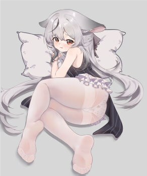 1girl absurdres animal_ears ass black-bird_ccn black_dress blue_archive blush breasts brown_eyes dress eyebrows_hidden_by_hair full_body grey_background highres kokona_(blue_archive) long_hair looking_at_viewer lying on_side open_mouth panties panties_under_pantyhose pantyhose pillow simple_background small_breasts soles solo toes underwear very_long_hair wavy_mouth white_panties white_pantyhose