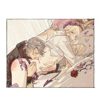 2boys antonio_salieri_(fate) bite_mark biting blonde_hair blush fate/grand_order fate_(series) flower green_eyes grey_hair handprint head_wreath indoors jacket lingerie long_hair long_sleeves male_focus medium_hair multiple_boys nipples on_bed open_mouth partially_undressed penis petals pillow shirt slap_mark starshadowmagician underwear wolfgang_amadeus_mozart_(fate) yaoi