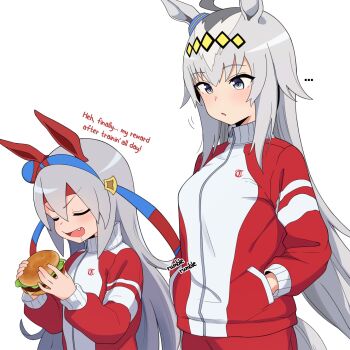 2girls animal_ears burger commentary english_text fang food grey_eyes grey_hair hands_in_pockets highres holding holding_food horse_ears horse_girl hungry jacket long_hair long_sleeves looking_at_another mikoscrub multicolored_jacket multiple_girls oguri_cap_(umamusume) open_mouth parted_lips red_jacket symbol-only_commentary tamamo_cross_(umamusume) tracen_training_uniform track_jacket turtleneck turtleneck_jacket two-tone_jacket umamusume v-shaped_eyebrows white_jacket
