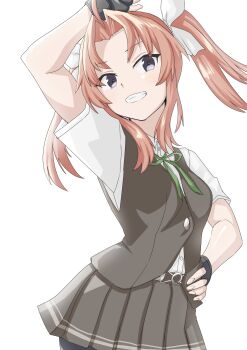 Rule 34 | 1girl, 30-06, black gloves, black skirt, brown hair, collared shirt, dress shirt, fingerless gloves, gloves, grin, hand on own hip, highres, kagerou (kancolle), kagerou kai ni (kancolle), kantai collection, long hair, pleated skirt, purple eyes, shirt, simple background, skirt, smile, solo, twintails, white background, white shirt