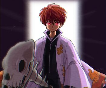 Rule 34 | 1boy, :<, animal skull, backlighting, black jacket, black pants, black track suit, doorway, flame print, full-length zipper, haori, highres, holding, holding scythe, jacket, japanese clothes, kyoukai no rinne, light rays, long coat, long sleeves, looking at viewer, male focus, pants, pink eyes, red hair, rokudou rinne, school uniform, scythe, skull, track jacket, track pants, track suit, undershirt, wanta (futoshi), white haori, wide sleeves, zipper, zipper pull tab