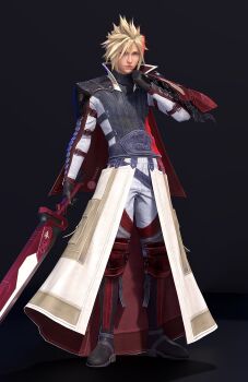 1boy 3d aqua_eyes armor belt black_background black_boots black_gloves blonde_hair boots cape cloud_strife cloud_strife_(equilibrium) cosplay final_fantasy final_fantasy_vii final_fantasy_vii:_ever_crisis full_body gloves hair_between_eyes highres holding holding_sword holding_weapon lightning_farron lightning_farron_(cosplay) male_focus official_alternate_costume pants red_cape short_hair shoulder_armor solo spiked_hair standing sweater sword trivia3d two-sided_cape two-sided_fabric waist_cape weapon white_cape white_pants white_sweater