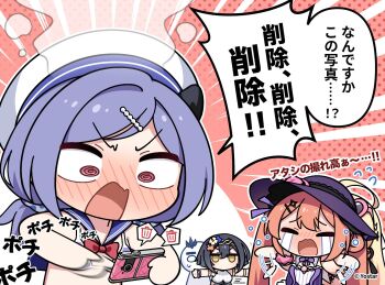 1other 3girls @_@ amber_(stella_sora) beret bikini blue_bikini blue_sailor_collar blush bow bowtie camera chibi_tyrant_(stella_sora) commentary_request crying emphasis_lines flying_sweatdrops hat head_steam highres holding holding_camera iris_(stella_sora) long_hair low_twintails mistique_(stella_sora) multiple_girls nose_blush official_art one-piece_swimsuit open_mouth orange_hair pink_eyes purple_hair purple_hat purple_one-piece_swimsuit red_bow red_bowtie sailor_bikini sailor_collar short_twintails sound_effects speech_bubble spoken_symbol stella_sora streaming_tears striped_bikini striped_clothes swimsuit tears traditional_bowtie translation_request trash_(computing) twintails tyrant_(stella_sora) v-shaped_eyebrows white_hat white_one-piece_swimsuit yellow_eyes