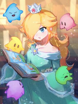1girl aqua_dress bare_shoulders blonde_hair blue_eyes book brooch crown dress earrings hair_over_one_eye hanaon highres holding holding_book jewelry long_hair luma_(mario) mario_(series) nintendo off-shoulder_dress off_shoulder open_mouth reading rosalina silver_crown smile star_(symbol) star_brooch star_earrings wide_sleeves