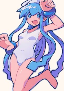 1girl :d arm_up barefoot blue_eyes blue_hair blush_stickers bracelet breasts covered_navel fat_mons foot_out_of_frame grey_outline hat highres ikamusume jewelry jumping one-piece_swimsuit open_mouth outline shinryaku!_ikamusume signal_(eriasignal) small_breasts smile solo squid squid_hat swimsuit tentacle_hair tentacles white_background white_swimsuit