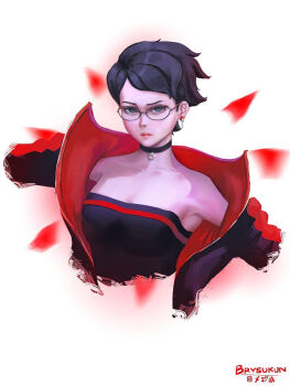 absurdres boruto:_two_blue_vortex breasts earrings glasses highres jacket jewelry jumpsuit lips looking_at_viewer medium_breasts naruto_(series) necktie open_clothes open_jacket short_hair simple_background uchiha_sarada upper_body watermark white_background