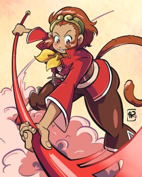 1girl animal_ears bo_staff breasts brown_eyes brown_hair flying_nimbus heyitspizzaking highres holding marvel_vs._capcom marvel_vs._capcom_2 monkey monkey_ears monkey_girl monkey_tail short_hair smile solo sonson staff tail