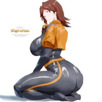 1girl artist_name ass belt black_bodysuit blush bodysuit bodysuit_under_clothes breasts brown_eyes brown_hair closed_mouth commentary_request cropped_jacket curvy full_body gloves highres huge_ass huge_breasts igiroitsu jacket large_breasts latex looking_at_viewer looking_back medium_hair mii_(nintendo) mii_gunner mii_gunner_(smash_4) nintendo open_clothes open_jacket orange_belt orange_gloves orange_jacket orange_shirt parted_bangs seiza shiny_clothes shirt simple_background sitting skin_tight solo super_smash_bros. thick_thighs thighs twitter_username white_background