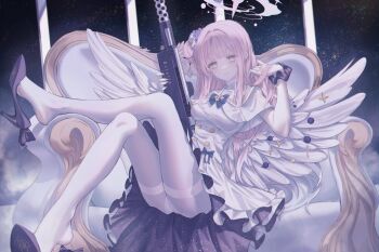 Rule 34 | 1girl, angel wings, black scrunchie, black shoes, blue archive, blunt bangs, bow, breasts, buttons, capelet, closed mouth, couch, double-breasted, dress, feathered wings, footwear bow, full body, gun, hair bun, halo, hand in own hair, hand up, high heels, highres, holding, holding weapon, lanchester smg, large breasts, light smile, long hair, looking at viewer, mika (blue archive), neon (pixiv 31150749), night, on couch, one side up, pale skin, pantyhose, pink hair, pink halo, pumps, school uniform, scrunchie, shoes, side up bun, single hair bun, single side bun, sitting, sky, solo, star (sky), starry sky, straight hair, submachine gun, weapon, white capelet, white dress, white pantyhose, white wings, wings, wrist scrunchie, yellow eyes