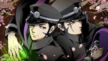 Rule 34 | 2boys, absurdres, back-to-back, black cape, black coat, black hair, black hat, border, brown background, cape, checkered background, cherry blossoms, coat, dated, devil summoner: raidou kuzunoha vs the soulless army, devil summoner (series), flower, glowing, glowing weapon, grey eyes, hand on hilt, hat, high contrast, highres, holding, holding knife, holding sword, holding weapon, knife, kuzunoha raidou, long sideburns, looking to the side, male focus, military hat, multiple boys, one eye covered, ornate border, pink flower, scabbard, scar, scar across eye, scar on face, sheath, sheathed, sideburns, smoke, sword, tori (bromaticbrotrap), turning head, upper body, weapon, wind