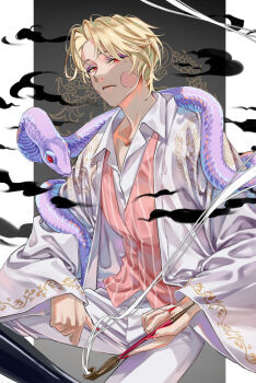 1boy absurdres apple applegel blonde_hair blush_stickers colored_skin demon_boy food fruit hair_slicked_back hazbin_hotel hellaverse highres looking_at_viewer lucifer_morningstar_(hazbin_hotel) male_focus solo